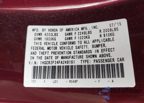 2015 Honda Accord Lx z USA, uszkodzony, nr VIN 1HGCR2F34FA248191